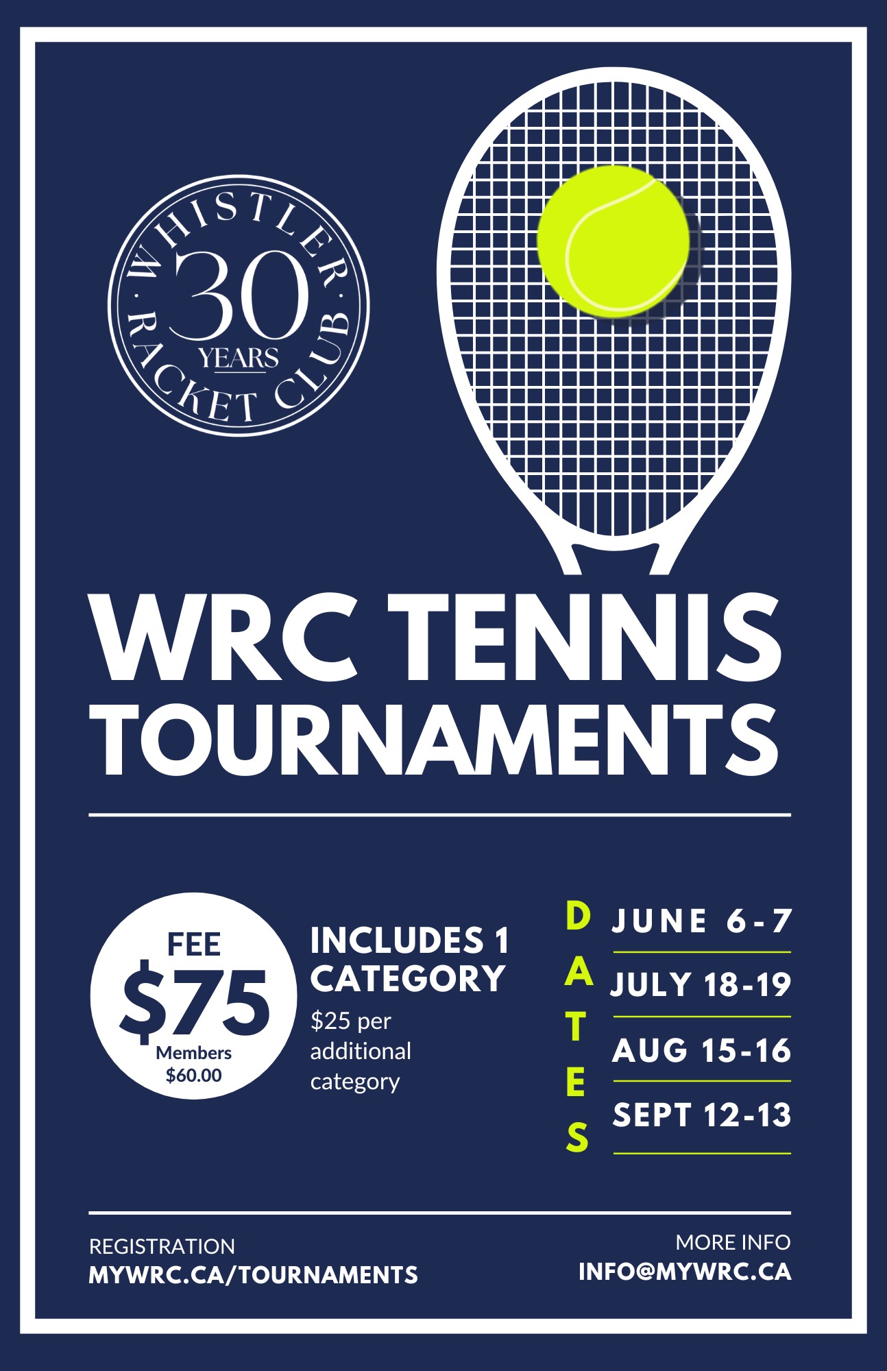 WRC Tennis Tournaments 2026 poster — dates, fees and registration